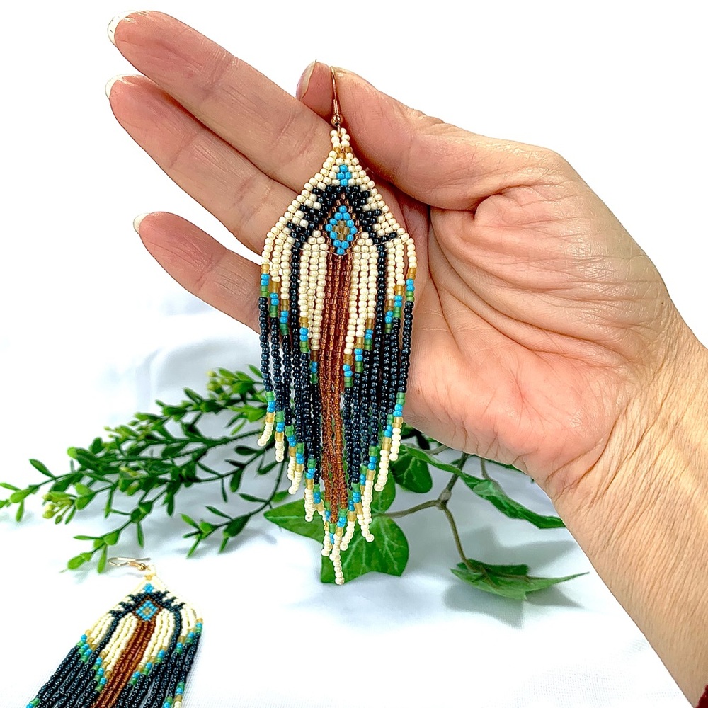 Gypsy Boho Beaded Tassel Drop Earrings Southwestern Tribal - Picture 5 of 8
